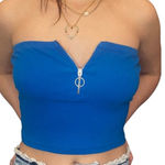 PacSun  XS blue ribbed tube top v-neck front zipper strapless ribbed crop top Y2K Photo 0