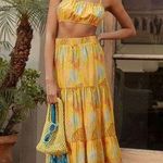 Forever 21 Tropical Print Tiered Maxi Skirt and Woven Cropped Cami Size Small Yellow/Multi Photo 0