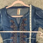 Keer Qiaowa Bohemian Cross Stitch Button Down Denim Knee Length Dress Blue Photo 10