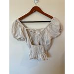 Sim & Sam Cropped Halter Top Beige Linen Blend Puff Sleeve Smocked Size Medium Photo 1