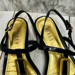 Lauren Ralph Lauren Black Sandals Golden Buckle Strappy Flats Summer Vibes Vacay Size 9.5 Photo 2