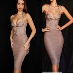 House Of CB NWT  Josephine Taupe Pleated Corset Midi Dress Size XS Photo 1