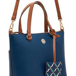 Anne Klein Navy/Brown Alex Varsity Satchel Purse w/ID holder and Crossbody Strap Photo 0