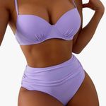 UNBRANDED Lilac 2 Piece Ruched High Waisted Push Up Spaghetti Strap Bikini Swimsuit Purple Photo 0