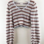 Altar'd State  Cropped Balloon Sleeve Striped Crochet Sweater Blue Brown Medium Photo 1