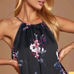 LuLus Filled With Love Black Satin Floral Print Halter Swing Dress S Pink Photo 4