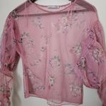 ZARA Blouse Tulle Sheer Floral Pink Puff Sleeves Long Sleeve Casual Crewneck Photo 2