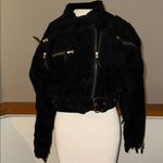 Leather suede fringe Black cropped Jacket with chunky gold buckles Size M Photo 5
