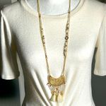 Women’s Boho Double Strand Mixed Bead Fringe Tassel Gold Tone Medallion Necklace Photo 1