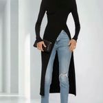 Black Neck Solid Color Slim Fit Split Long Pullover Top Gray Size XL Photo 2