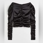 H&M  Satin Black Puff Long Sleeve Ruched Gathered Boatneck Party top Size S Photo 0