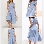 Simplee Apparel Simplee Ruffle Denim Linen Stripe Square Neck cotton Stretch Maxi Dress Pocket Photo 1