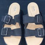 Clarks Wo size 11 Black Faux SUEDE straps and Tan w/ silver Buckle Sandals clean Photo 4