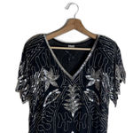 Vintage Silk Sequin Beaded Shirt Womens Medium Black Silver Party Evening 80s Photo 2