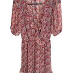 Fray Boutique Women’s Size M Wrap Front Chiffon Ruffle Mini Dress Red Rose Print Pink Size M Photo 0
