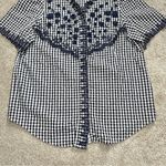 J.Crew Embroidered Indigo Crinkled Gingham Short Sleeve Navy White Top Cotton XS Photo 5