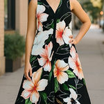 Joseph Ribkoff  Floral‎ Dress Sleeveless V Neck Black White Orange Size Photo 0
