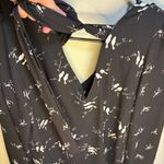 Loft  Black V Neck Tie Back White Bird Long Sleeve Bird Blouse XS Flowy Oversized Photo 1