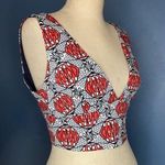 ZARA  | African Style Print Lantern Crop Top Plunge V XS Navy Red Photo 0