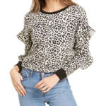 Alice + Olivia  Leopard Print Ruffle Sleeve Top XS Black/White Photo 0
