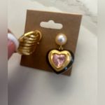 Pearl with Heart Shape Pink Stone & Black Edge Heart Shaped Earrings Rare New Gold Photo 5