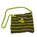 Handmade Crocheted Striped Crossbody Bag Moss Green Brown Wooden Button Photo 0
