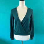 Leith NWT  Long Sleeve Surplice Top Teal Deep Stretch Knit Faux Wrap Career XS Photo 3