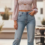 ASTR Plisse Long Sleeve Cross Bust Blouse Top in Purple Ditsy Size Small NWT Photo 0