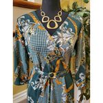 Tacera Womens Dress Size Small Faux Wrap Floral Green and Gold V Neck  Photo 9