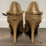 Rebecca Minkoff  penny embossed gold Mary Janes scalloped heels croc embossed 6.5 Photo 3
