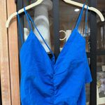 ZARA linen mini dress cobalt blue ruched open back cocktail vneck tiered ruffle Photo 5