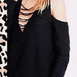 EXPRESS Lace Up V Neck Cold Shoulder Sweater Black Size XS Photo 0