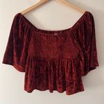 American Eagle  Red Velvet Cropped Smocked Blouse Flare Sleeves Photo 0