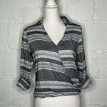 Girl Krazy Women's Faux Wrap Hi-Lo Stripe Roll Tab Sleeve Black White Top Small Photo 0