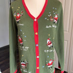 Christopher Banks Santa Christmas Tree Sweater Cardigan Button Up Christmas Med Green Photo 0