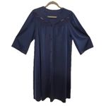 Shadowline Robe Navy Peignoir Lingerie Nylon Lace Large Pink Roses Button Front Blue Size M Photo 0