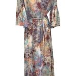 Nine West  off the shoulder tie waist flare sleeve sand dune abstract boho maxi dress 6 cream red blue  Photo 0