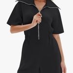 Short Sleeve Rompers Loose Half Zip One Piece Short Overalls Jumpsuit with Pockets Fall Outfits Black Size M Photo 4