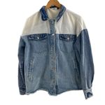 Boutique Women’s S Patch Together Denim Trucker Jacket Blue Acid Wash Oversized Photo 1