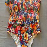 Floral Smocked Ruffled One Piece Swim Suit Sz M Blue Size M Photo 0