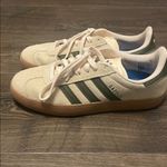 Adidas Women’s  Gazelle Ivory Sneakers with Dark Green Stripes, Size 7 Photo 2