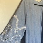 Boutique  Open Front Cardigan Blue with White Embroidered Floral Long 3/4 Sleeves Photo 1