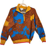 &merci &merci Blue Brown Floral Quarter Zip Knit Sweater Cozy Casual Statement M Photo 0