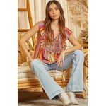 Savanna Jane Daria Aztec Embroidered Colorful Striped Woven Top Size Large Pink Photo 7