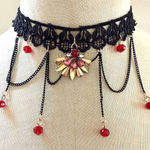Black Lace Choker Necklace with Chain Drapes & Red Crystal Drops Photo 0