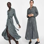 ZARA  Dark Green Checkered Long Sleeve Shirt Dress size Large Photo 1