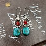 Handmade Vintage Beaded Earrings | Red + Turquoise Glass | Stainless Steel Hooks Photo 2