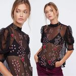Free People  • So In Love Embroidered Blouse black sheer chiffon pink sequin bead Photo 1