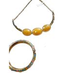 Golden mustard yellow three large gemstone and gold necklace and pink floral ena Photo 2