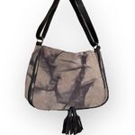 ABRO suede leather abstract print saddle bag, brown and tan, adjustable strap Photo 0